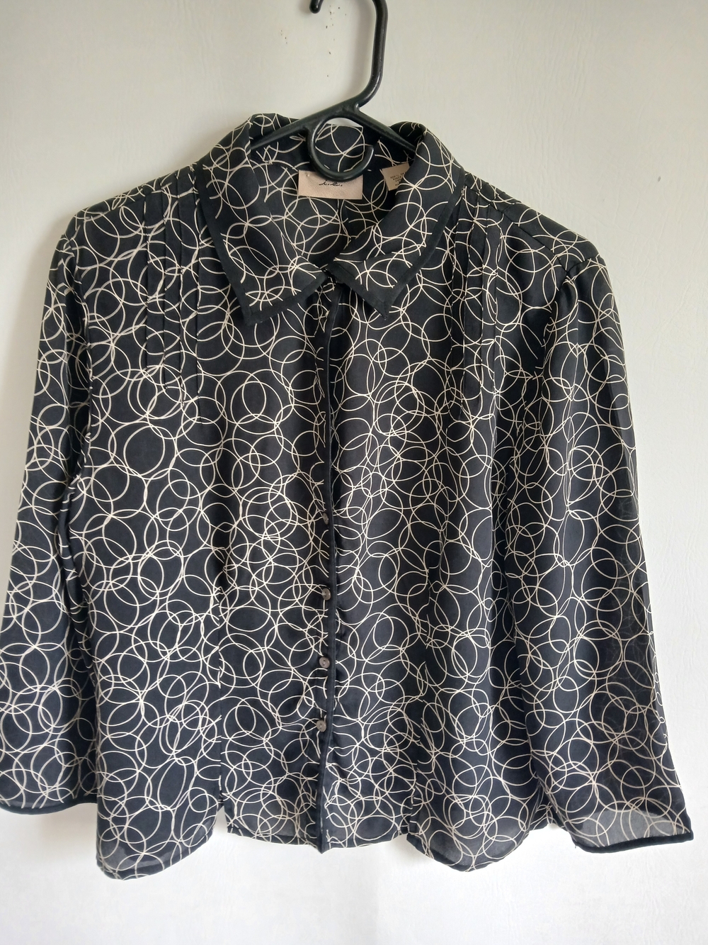 IEdesigned Black Blouse with White Circle Print 100% Silk Semi Sheer Sz12